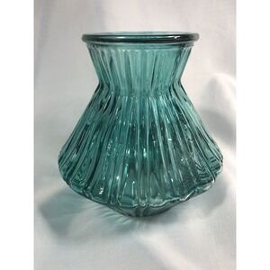 Vintage Atomic Starburst Ribbed Green Clear Glass Vase 5-1/2" Tall